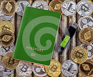 Green passport, metal coins background. US dollars. Metal coins. Gold silver bitcoin, crypto currency, identification. Memory card