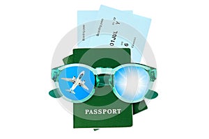 Green passports, boarding pass, flight tickets, sunglasses, plane, sun, sky, summer holidays, vacation, airplane travel, tourism