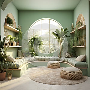 Green Pastel interior desigh with floral in sunset Generative Ai