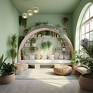 Green Pastel interior desigh green clolor in sunset Generative Ai