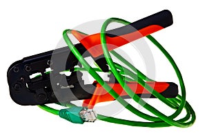 Green patch cord with RJ45 crimper tool. photo