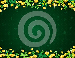 Green Patricks Day background with frame of golden coins and clover. Patrick`s Day design. Greetings card. Can be used for