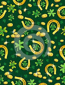 Green Patricks Day background with golden horseshoe, coins and clover. Patrick`s Day design. Seamless Pattern. Can be used for