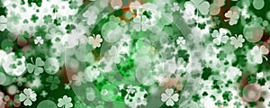 Green Patricks Day greeting banner with green clovers. Patrick`s Day holiday design. Horizontal background, headers, posters, car