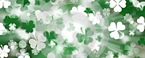 Green Patricks Day greeting banner with green clovers. Patrick`s Day holiday design. Horizontal background, headers, posters, car