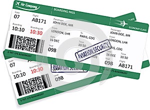 Green pattern of two airline boarding pass tickets for traveling by plane.