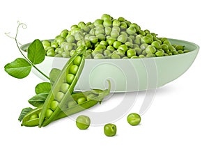 Green pea on plate with pod and beans and fresh leaf on stem isolated on white background. Composition for packaging design