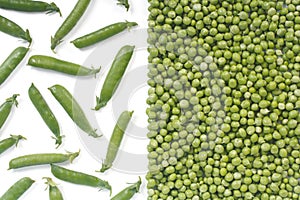 Green pea pods closed and fresh peas isolated