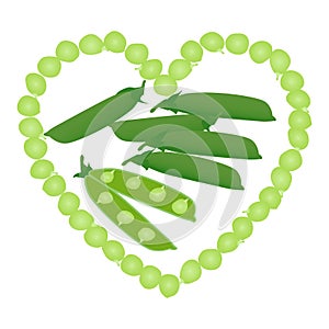 Green pea pods and open peas in pod on white background.