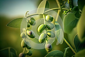 Green pea pods ripen on bush. Pods of ripening green peas closeup. Vegetable garden with growing green peas-topaz photo