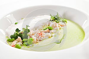 Green Pea Soup with Crab and Coconut Espuma photo