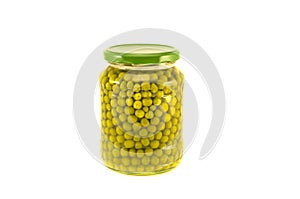 Green pea vegetable canned preserved in glass jar pots isolated