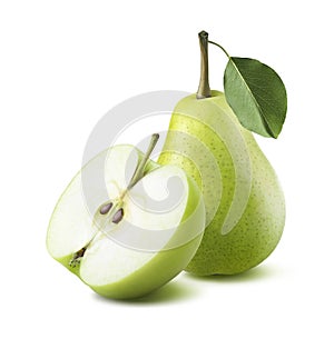 Green pear apple half isolated on white background