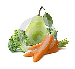 Green pear broccoli carrot 2 isolated on white background