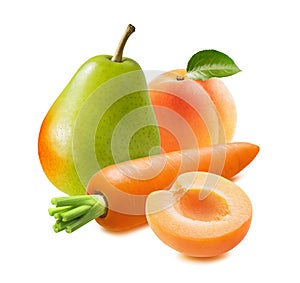 Green pear, carrot and apricot isolated on white background