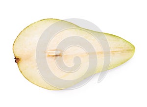 Green pear cut in half isolated
