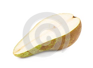 Green pear cut in half isolated