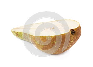 Green pear cut in half isolated