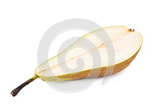 Green pear cut in half isolated