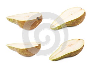 Green pear cut in half isolated