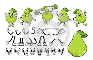 Green Pear Fruit Cartoon Groovy Character Construction Kit. Isolated Vector Set Of Retro Hippie Personage Facial Emotion