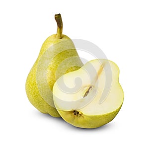 Green pear fruit with half isolated on white background with clipping path