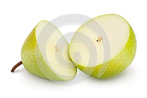 Green pear fruit half isolated on white background with clipping path and full depth of field