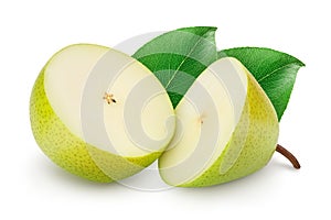 Green pear fruit half isolated on white background with full depth of field