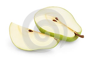 Green pear fruit half and slice isolated on white background with clipping path and full depth of field
