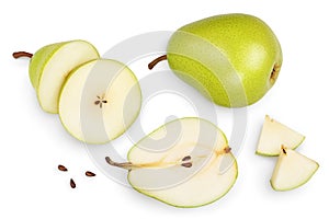 Green pear fruit with half and slices isolated on white background with clipping path. Top view. Flat lay