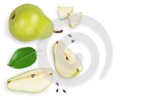 Green pear fruit half and slices isolated on white background with copy space for your text. Top view. Flat lay