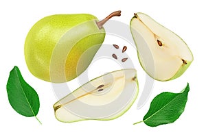 Green pear fruit half and slices isolated on white background . Top view. Flat lay