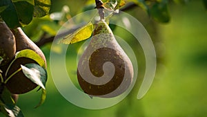 Green pear on the fruit plant biologic natural