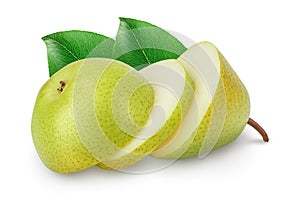 Green pear fruit slices isolated on white background with full depth of field