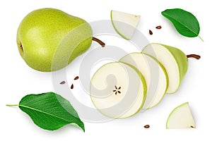 Green pear fruit with slices isolated on white background. Top view. Flat lay