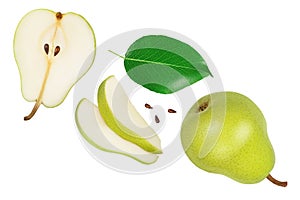 Green pear fruit with slices isolated on white background. Top view. Flat lay