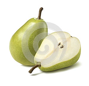 Green pear half lies flat isolated on white background