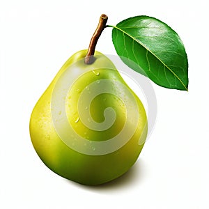 Green pear with leaf isolated on white background