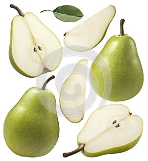 Green pear pieces set collection isolated on white photo