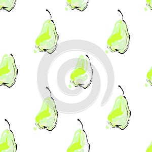 Green pear seamless pattern on white background inky style hand drawn fruit