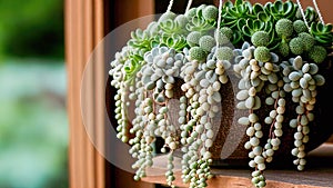 Green pearl necklace plant hanging from a decorative pot on a blurred background, embodying a calm houseplant decoration