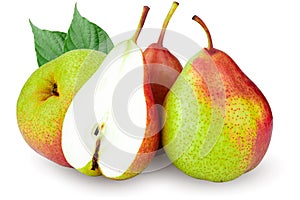 Green pears cut in half and sliced to pieces separately isolated over a white background