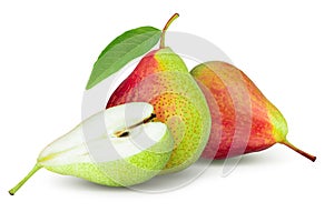 Green pears cut in half and sliced to pieces separately isolated over white background