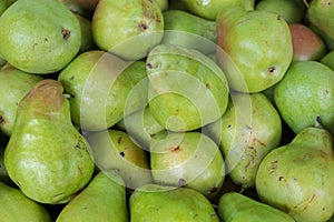 Green pears for sale at city market