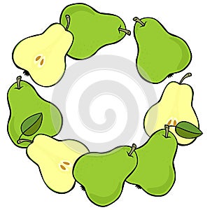 Green pears wreath on white fruit illustration