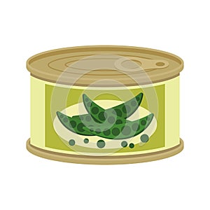 Green peas in aluminum can. Canned food with peas logo. Product for supermarket and shop. Flat vector illustration isolated on
