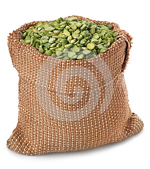 Green peas in bag isolated on white