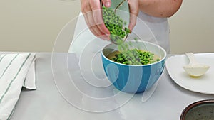 Green peas in a bowl. Step by step creamy pureed celery soup