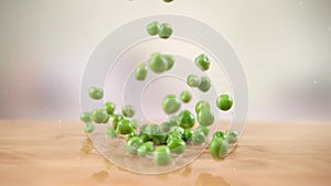 Green Peas Falling Onto The Wooden Table And Splashing Water Drops In 1000Fps