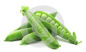 Green peas isolated. Ripe pods of green peas on a white background.